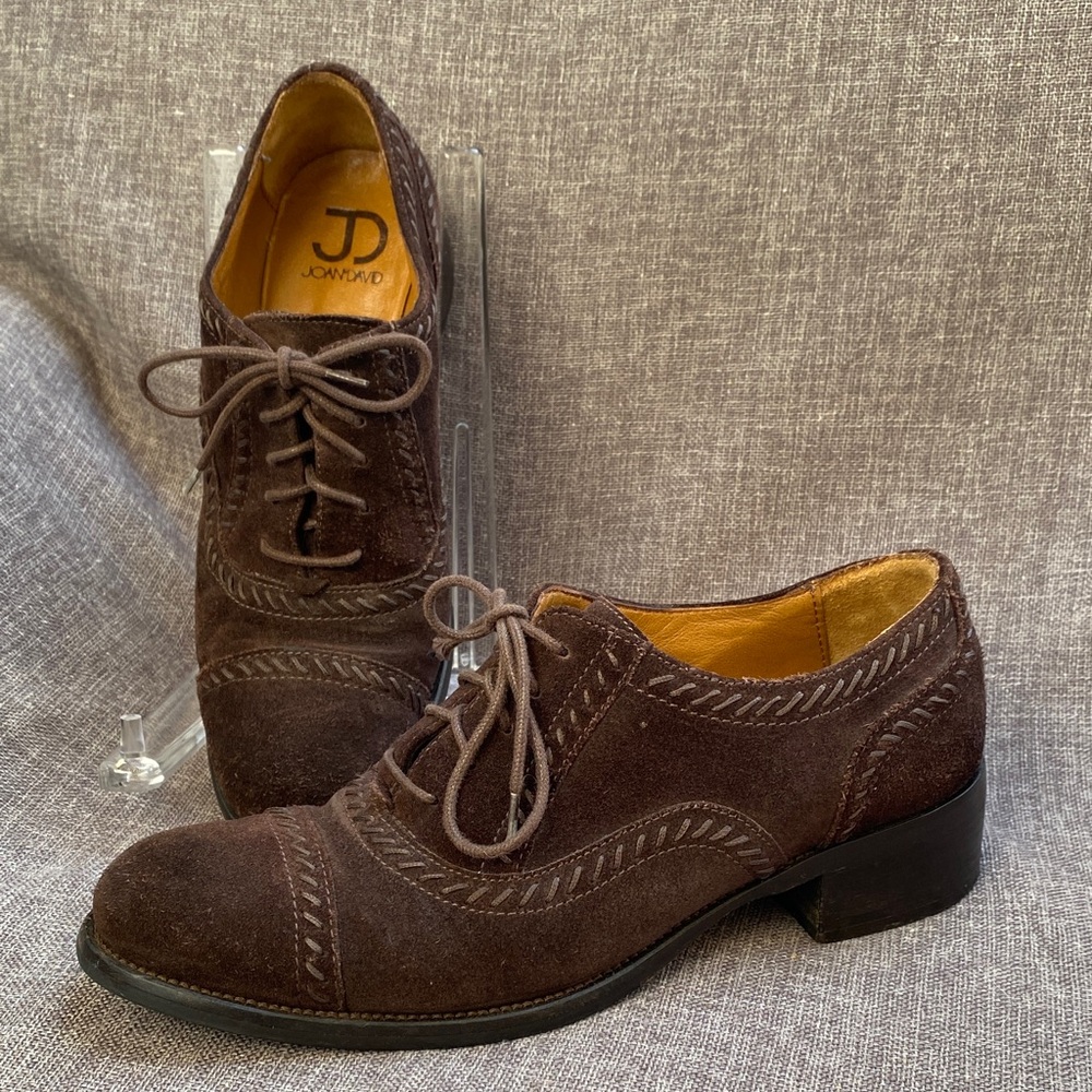 Joan and David Size 7 Brown Suede Oxford Tie stacked Heel Shoes